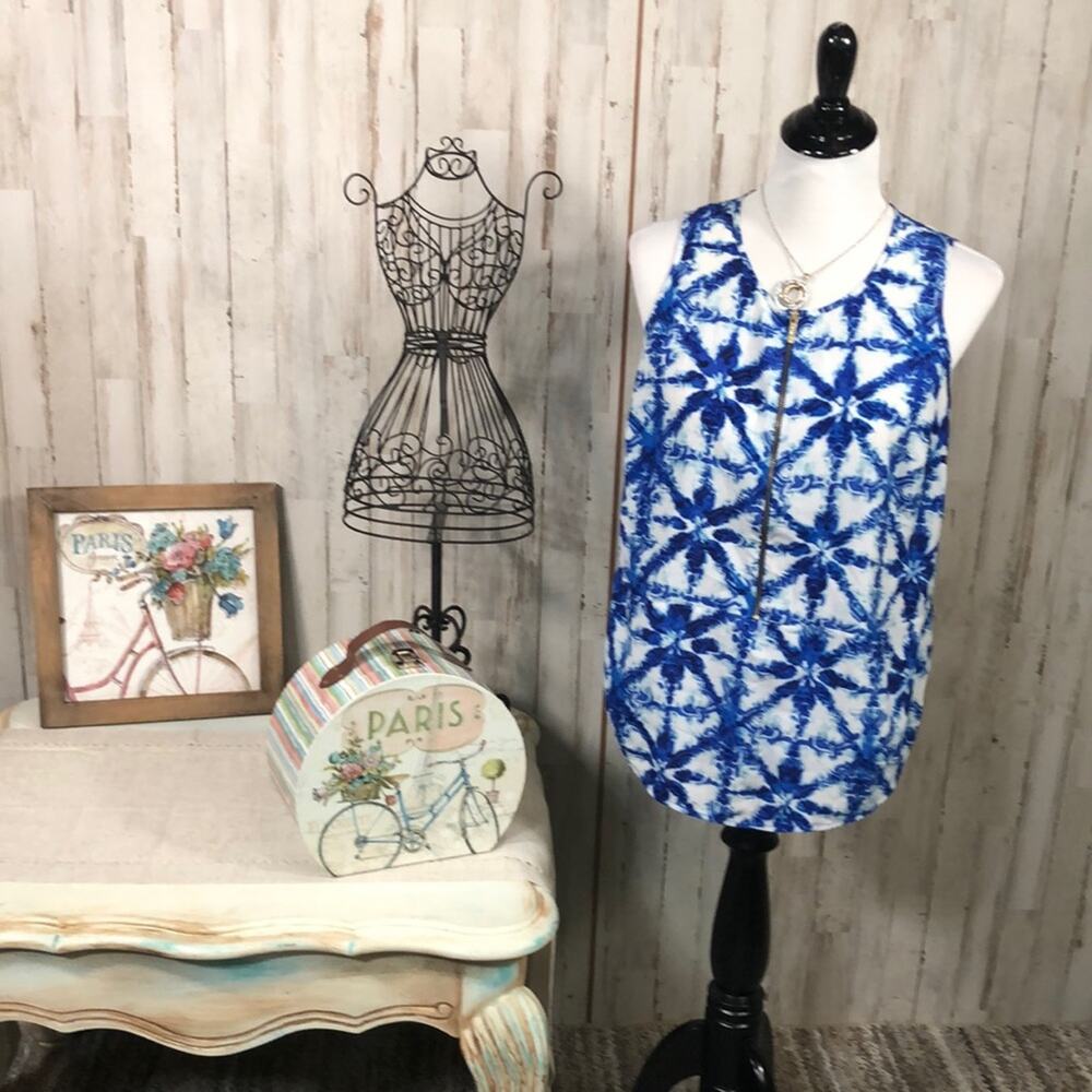 Michael Kors Zip Up Sleeveless Dress Blouse in Blue and White Size Medium